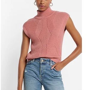 Express Ribbed Mock Neck Capped Sleeve Sweater, Pink, Size Small